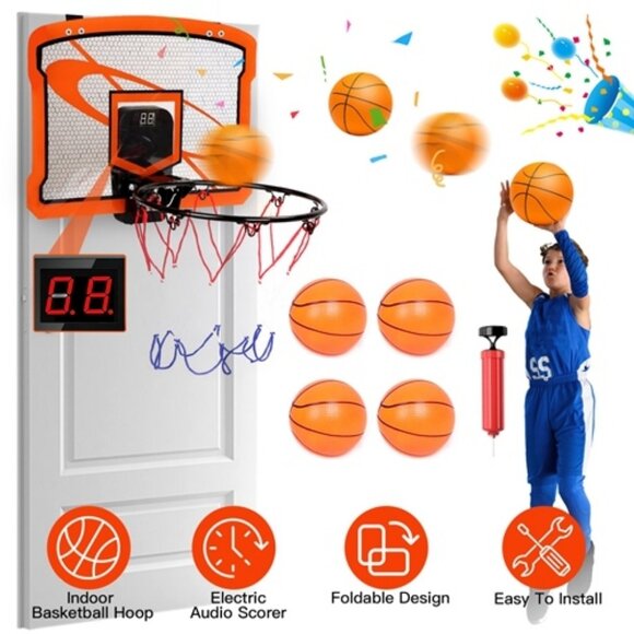 Indoor Mini Basketball Hoop Set Over Door Basketball Hoop with 4 Inflatable Ball - Picture 4 of 6